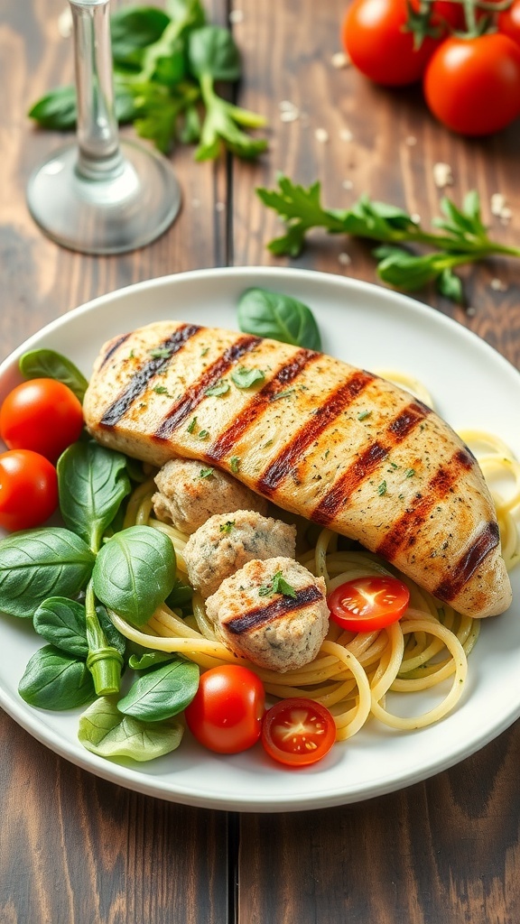 Delicious Low Carb High Protein Meals Grilled chicken salad with spinach, cherry tomatoes, and zucchini noodles with turkey meatballs on a rustic table.
